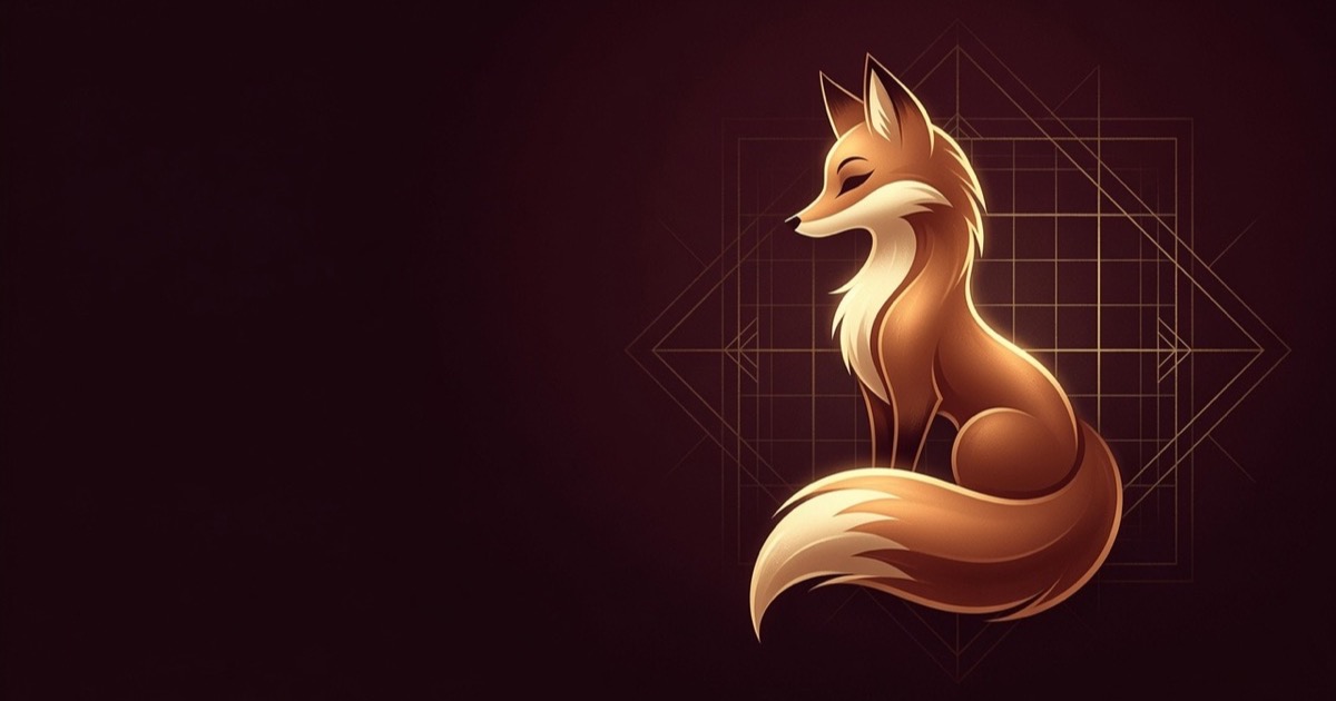 Ein Fuchs sitzt vor einem angedeuteten Sudoku-Gitter aus goldenen Linien