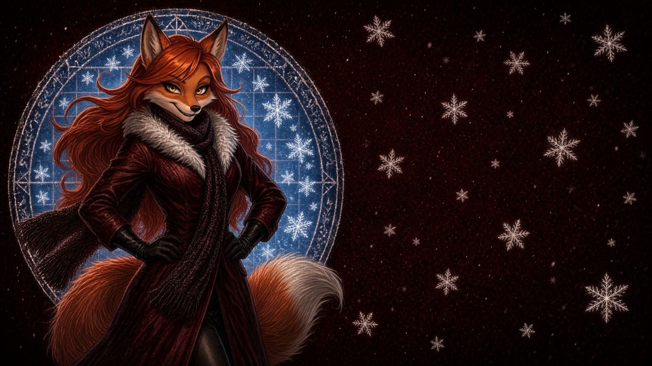 Nona, die Füchsin, im Wintermantel vor einem Sudoku aus Eis